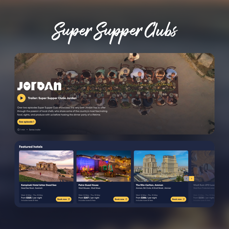 Site de turismo da Jordânia que promove os "Super Supper Clubs" com imagens de paisagens e aventuras locais.