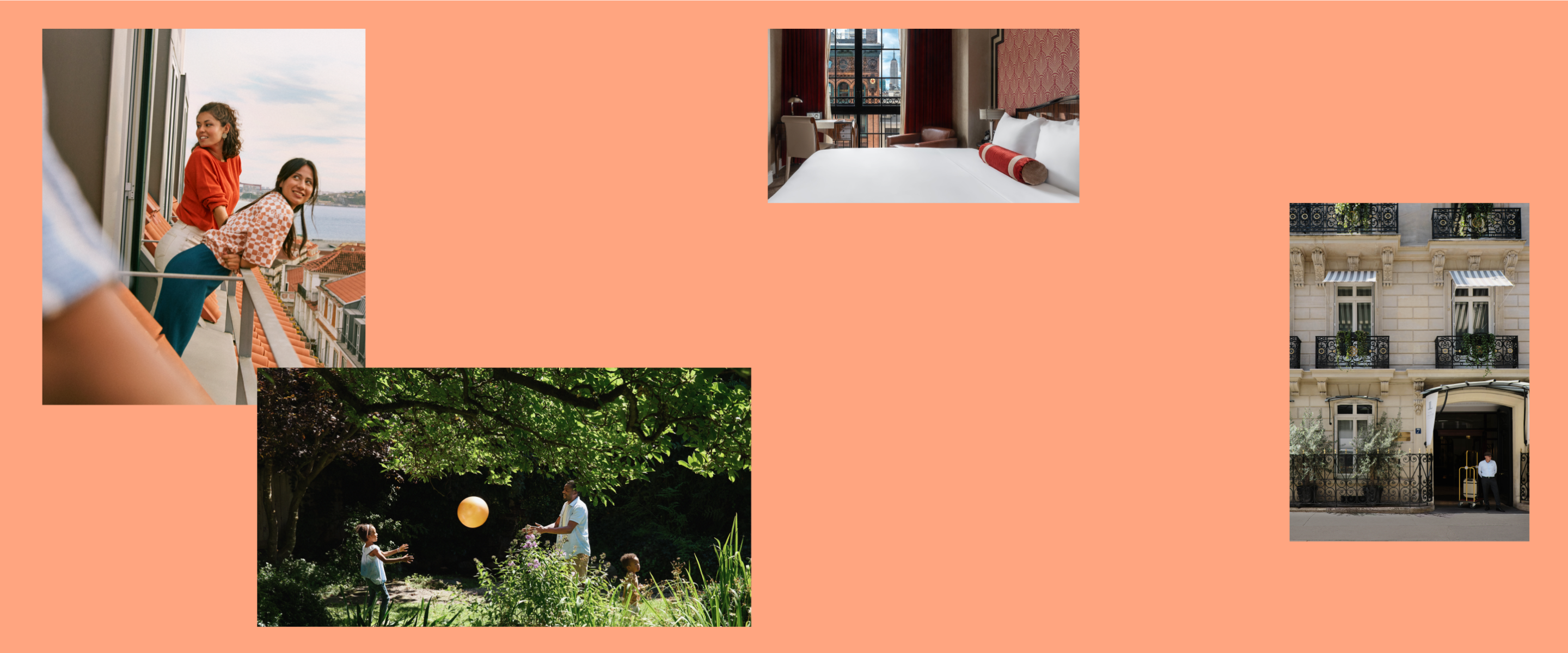 A collage of four floating images of travelers at a vacation rental, a family playing outside, a hotel room, and a hotel entrance with an elderly man.