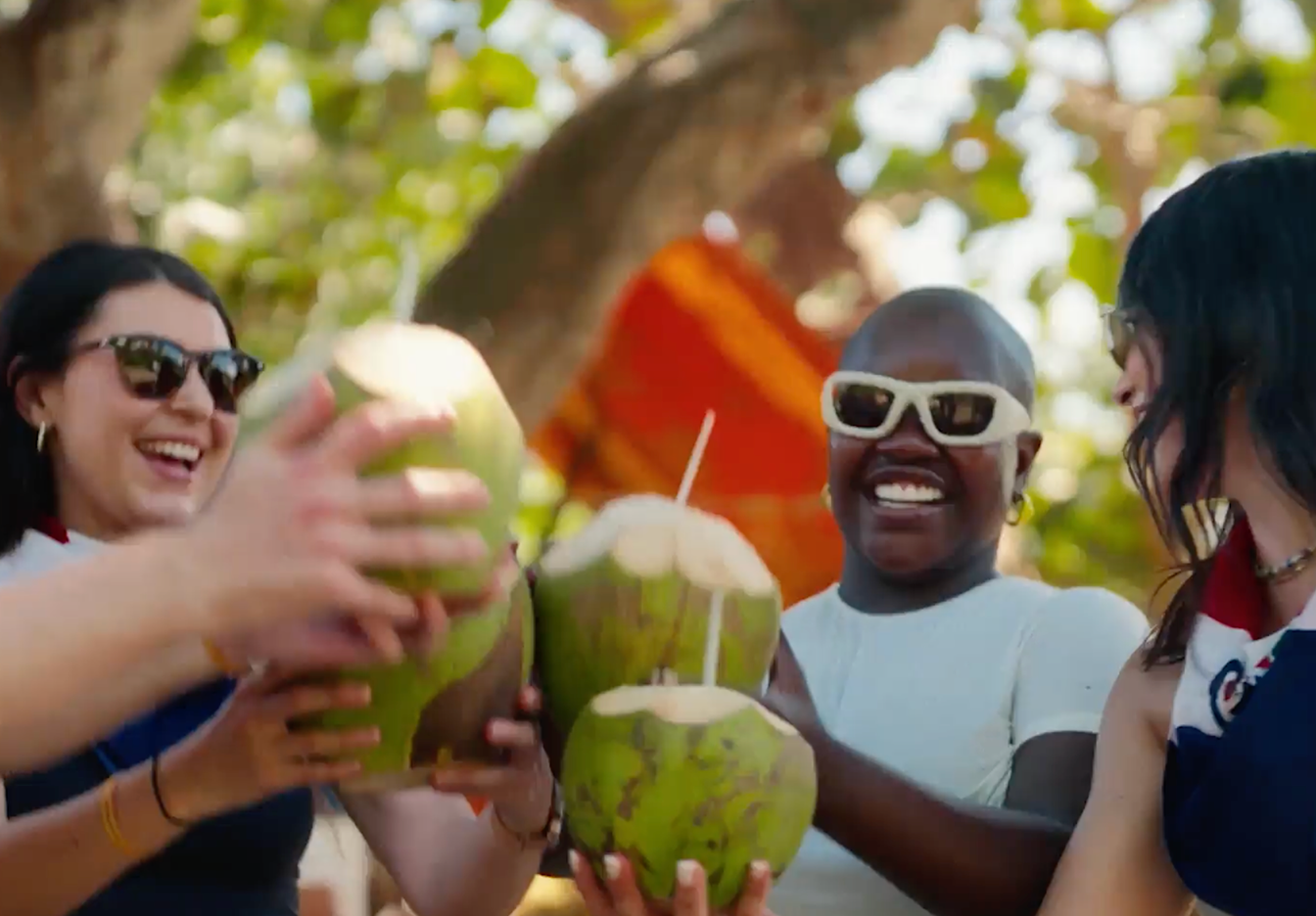 Sizzle reel cover - Group of people holding coconuts.