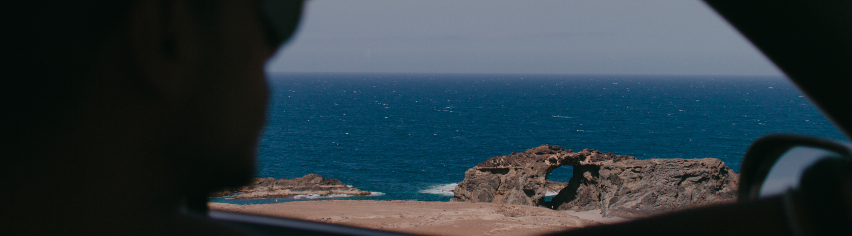 A shot of the ocean from the passenger seat of a car with the drive out of focus