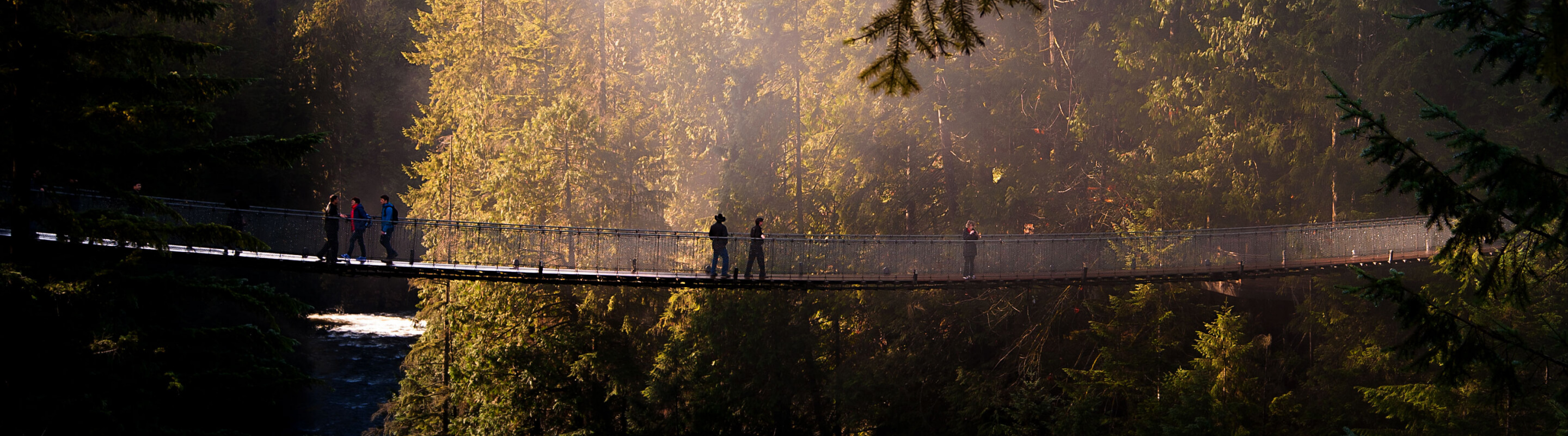 A wide shot of two people walking across a suspension bridge