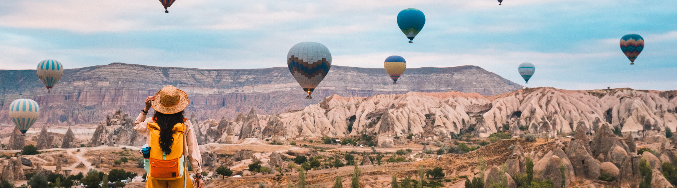 A woman watching hot air balloons in the desert.