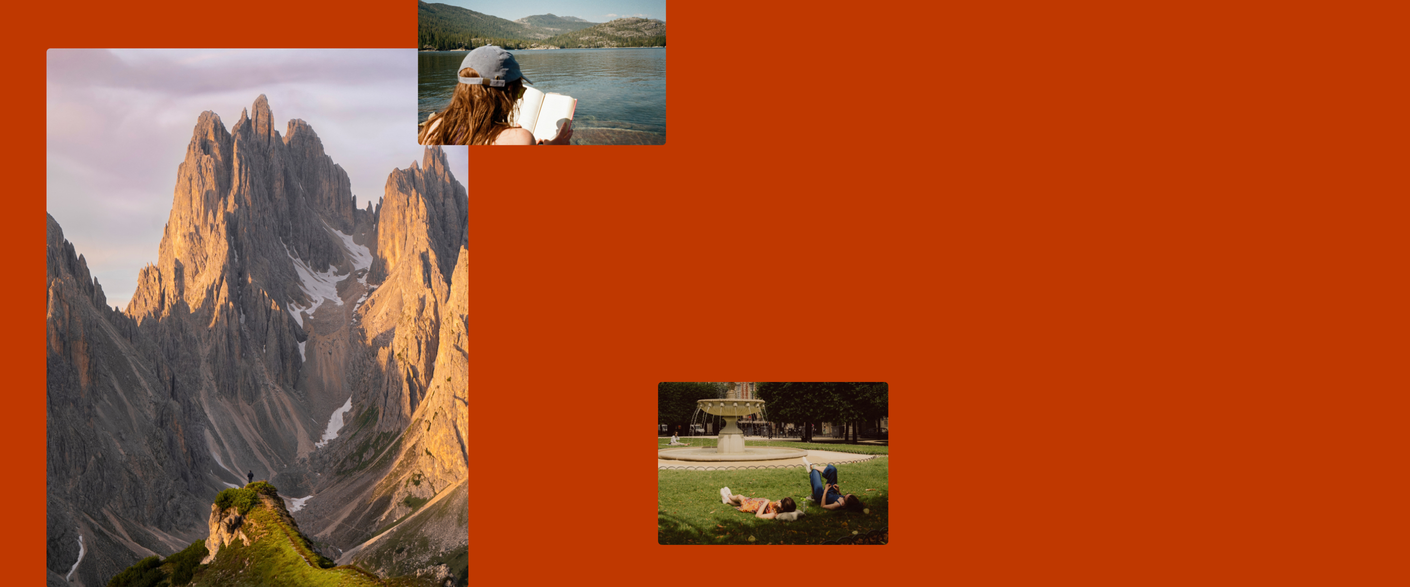 Travel-style collage with a large mountain landscape as the main image, plus smaller inset photos of a person reading beside a lake and two people relaxing on grass in a park.