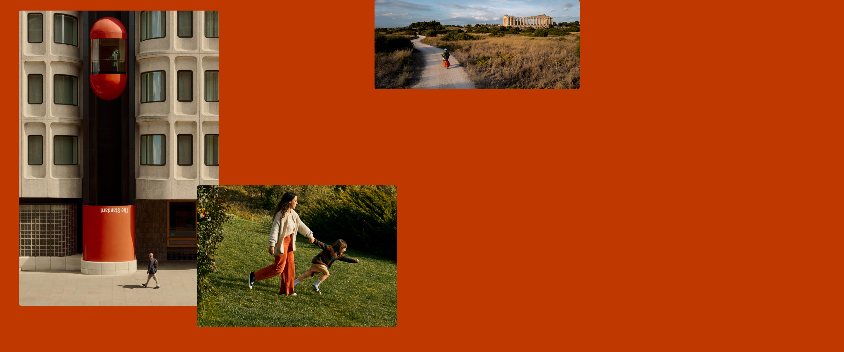 Collage featuring a person walking past a modern building, a woman holding a child’s hand in a green park, and a person biking on a rural path with an ancient building in the distance, all on an orange background