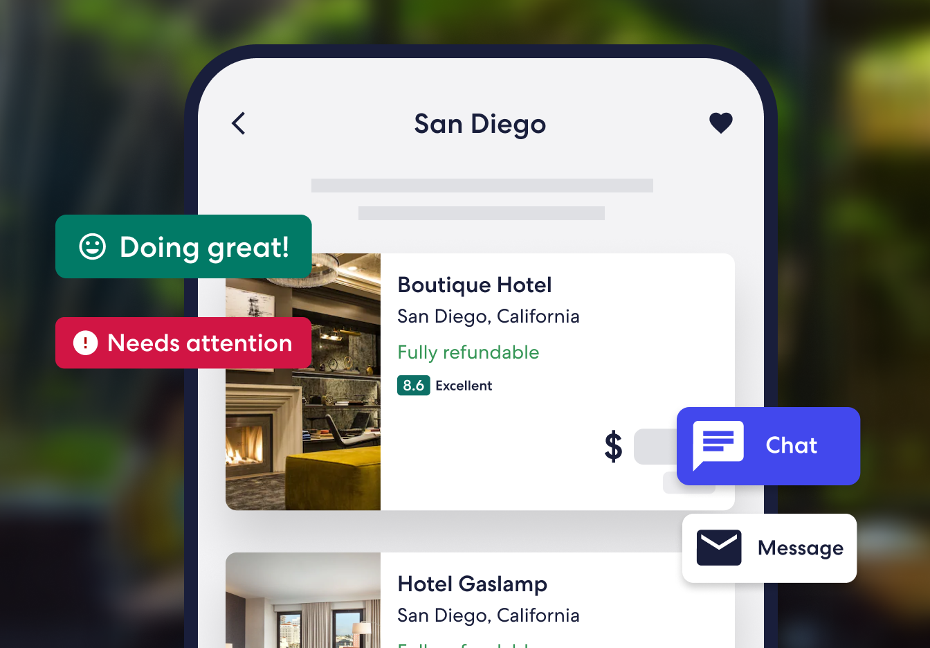 Product abstraction showing hotel listing with options for giving feedback and messaging.
