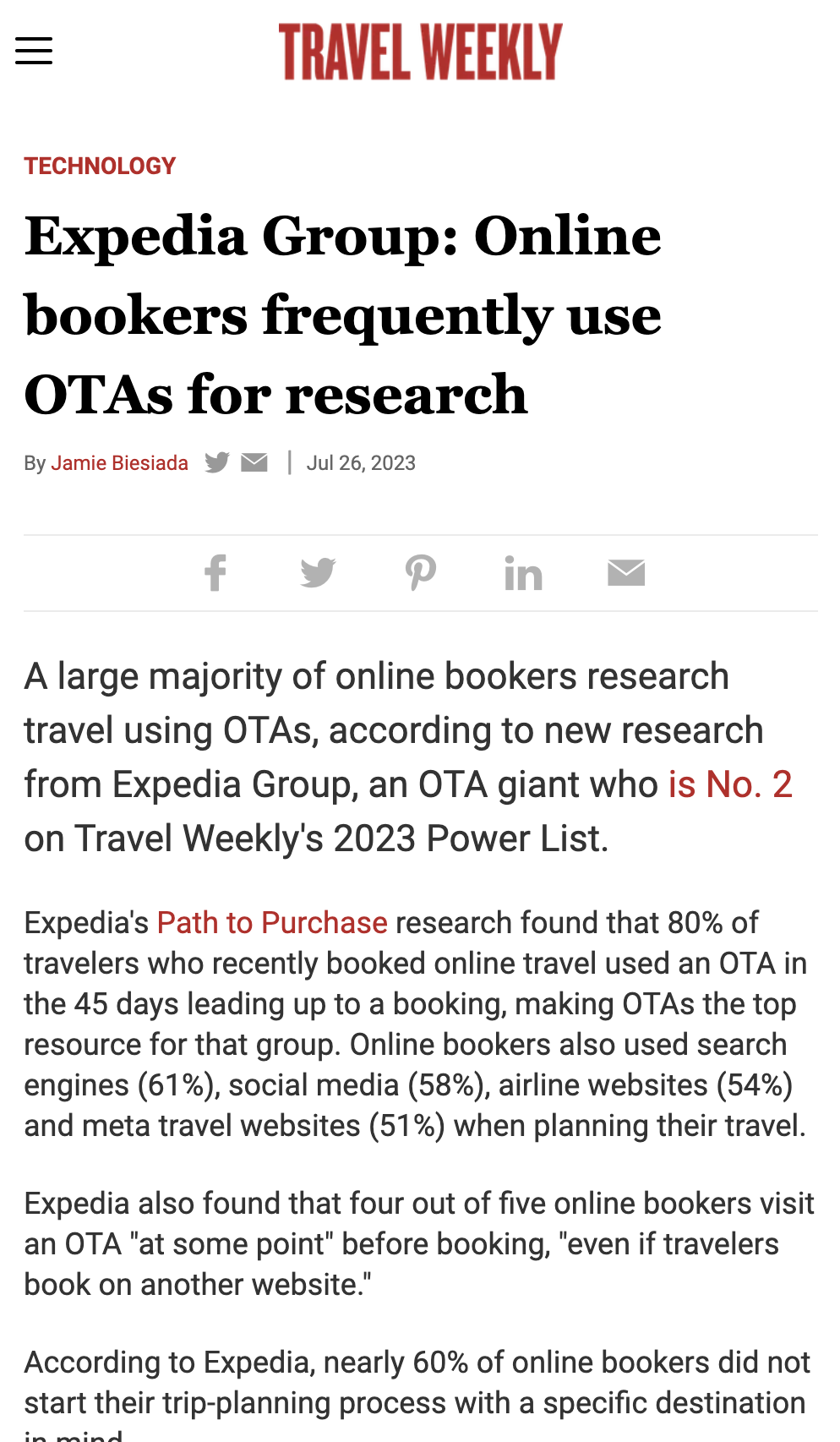 Preview of Travel Weekly article.