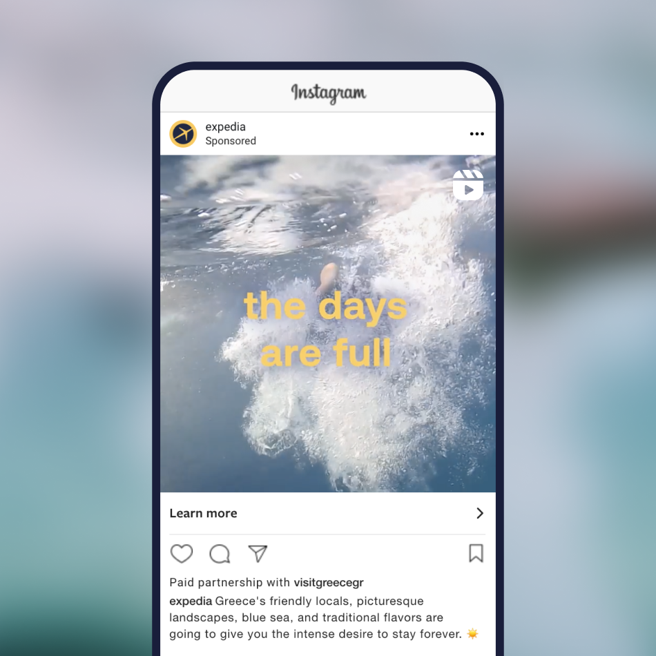 Sponsored Instagram post by Expedia with 'the days are full' over a water splash, promoting Greece.