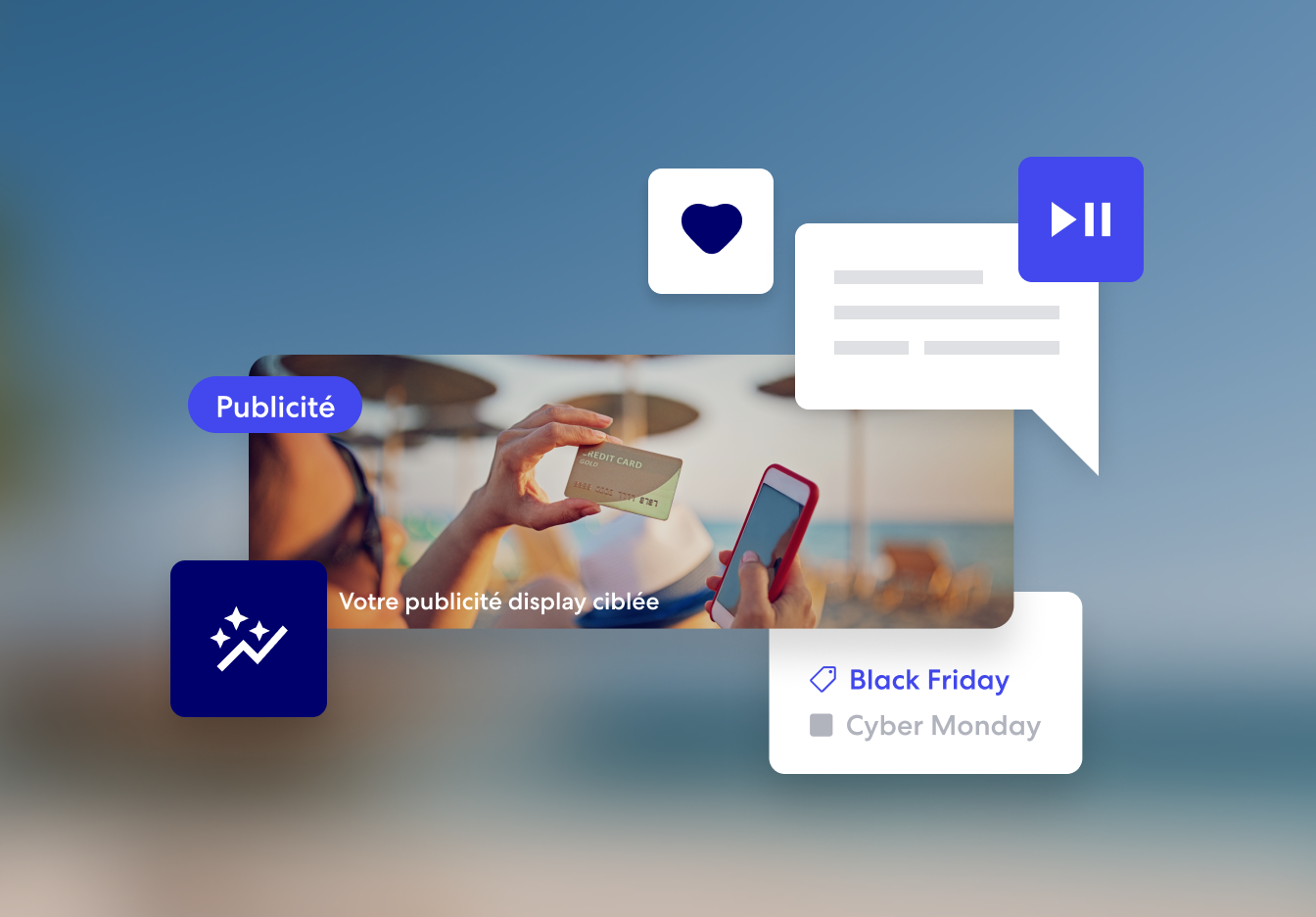 Une personne sur la plage tient dans sa main une carte de crédit et un smartphone, entourée d’icônes liées au marketing et à la publicité, illustrant l’optimisation budgétaire.