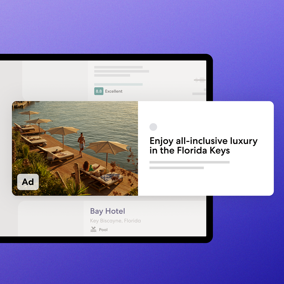 Product abstraction of a hotel page with a sponsored card overlay featuring a waterside resort image and the headline “Enjoy all-inclusive luxury in the Florida Keys.”