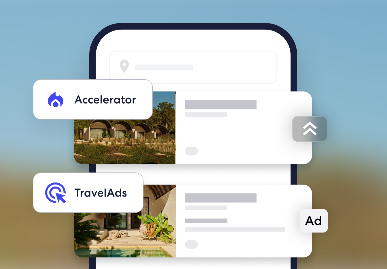 Comparison of Accelerator and TravelAds placement on a mobile hotel listing interface, with hotel images and promotional markers shown.
