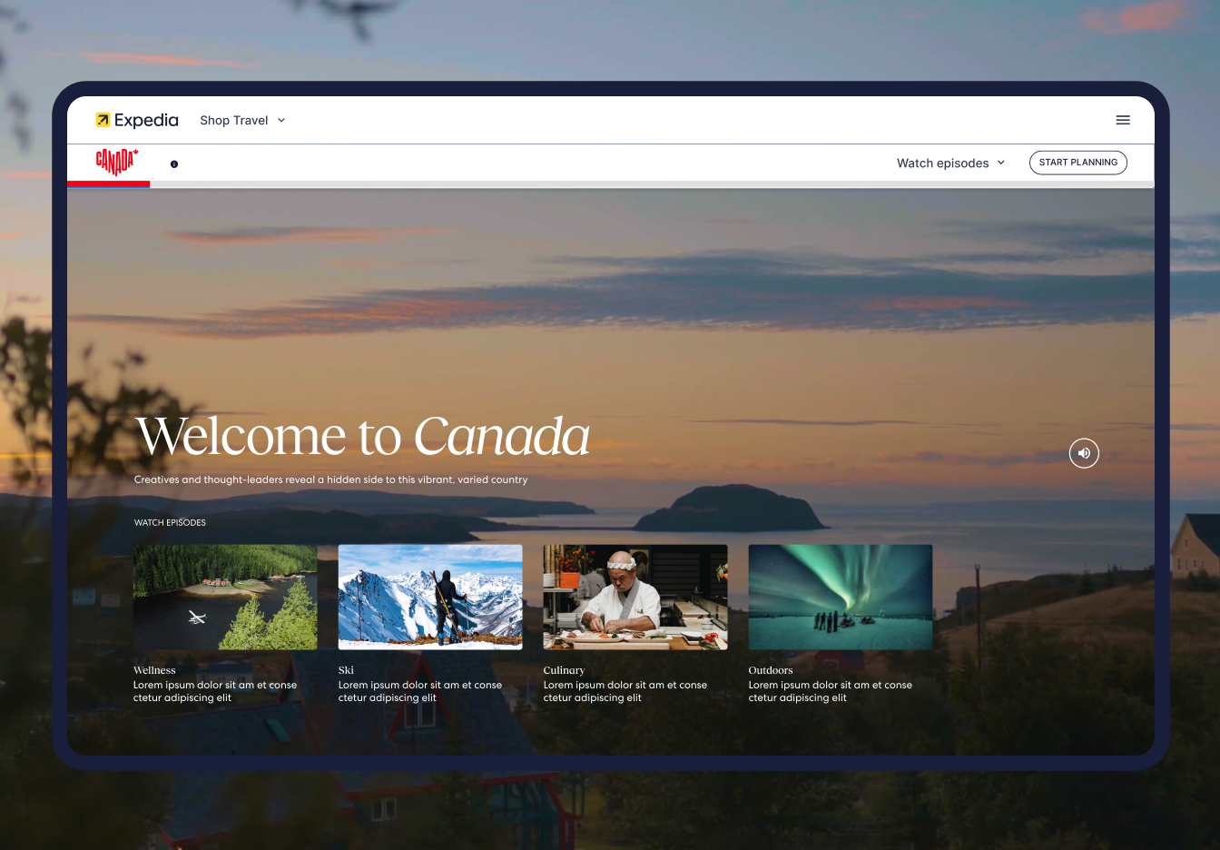 Página inicial do site de turismo do Canadá na Expedia, apresentando destinos com paisagens e uma mensagem de boas-vindas.