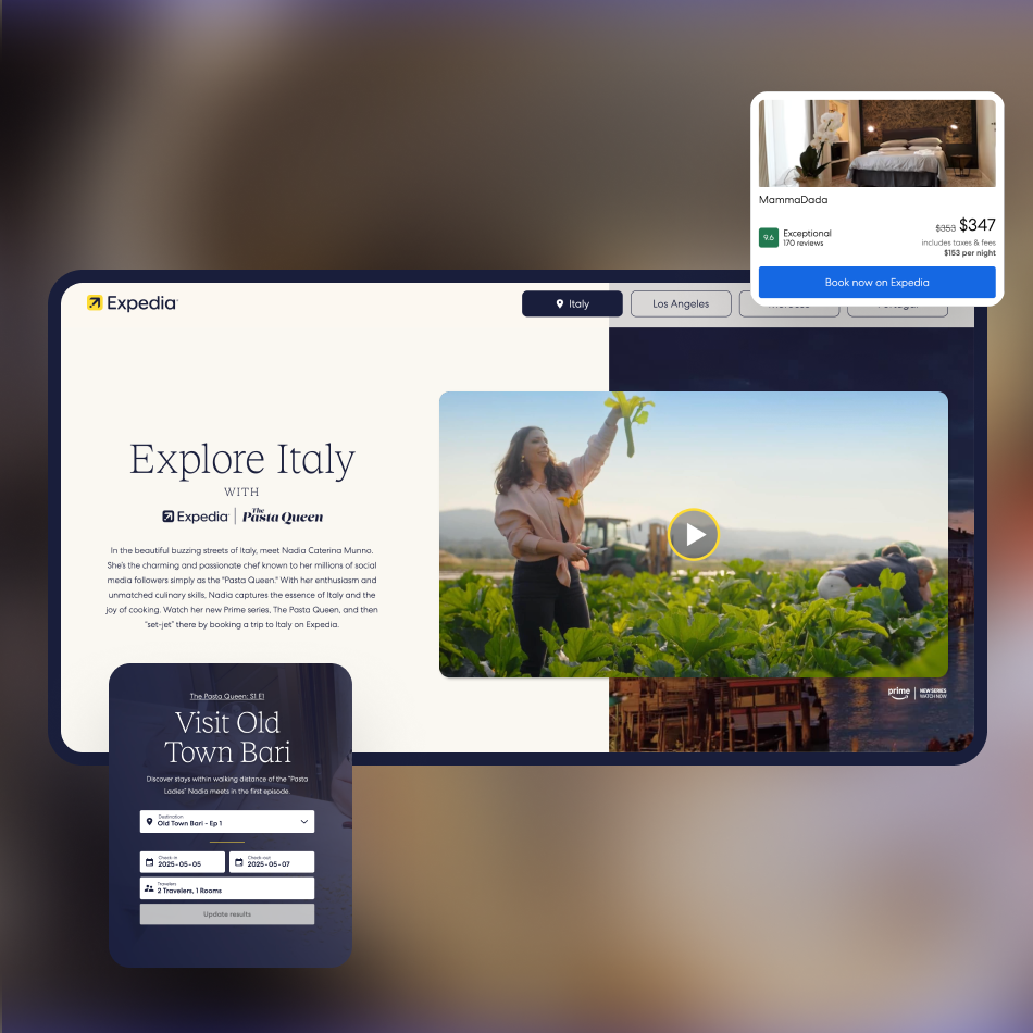 Layout do site da Expedia exibindo as ofertas de viagens da Itália, com seções sobre natureza, gastronomia e experiências locais.