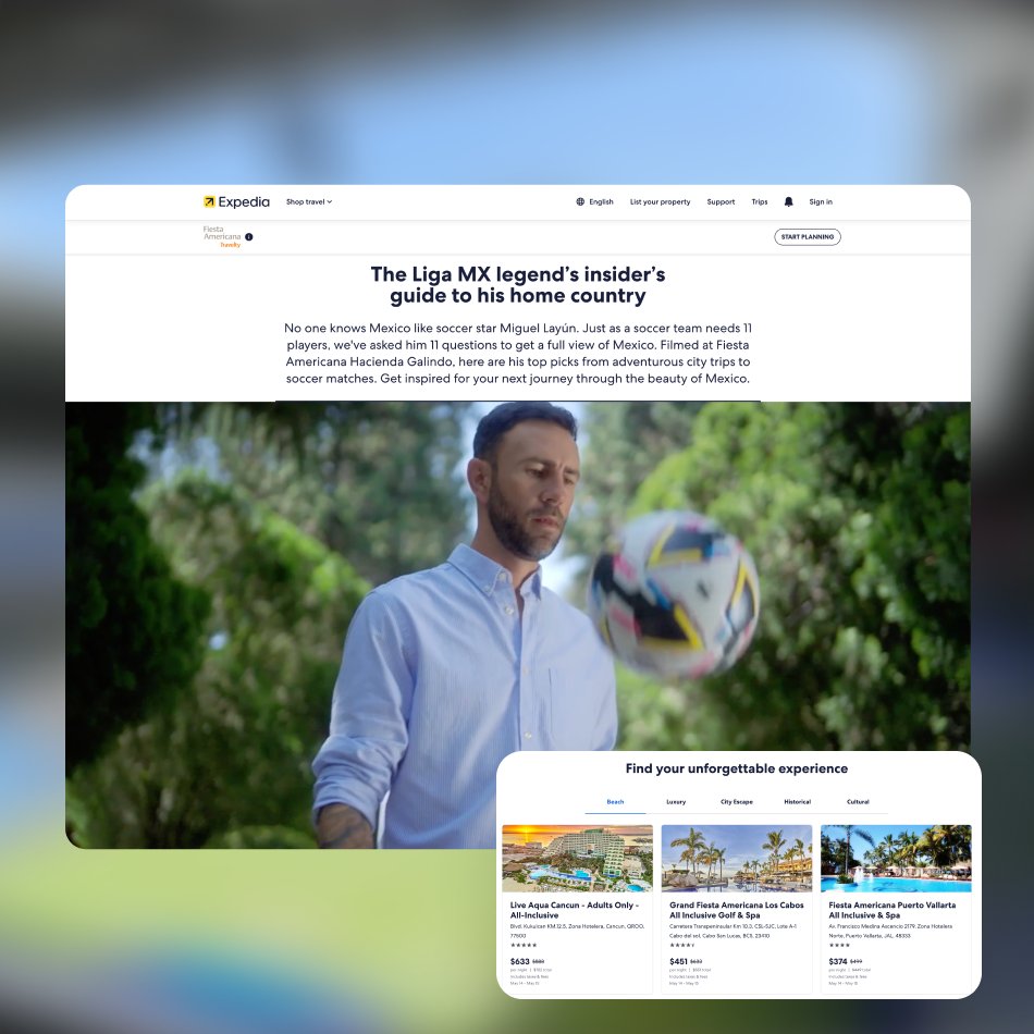 Modelo de site da Expedia destacando turismo ao ar livre e focado em bem-estar, com imagens e informações de reserva.