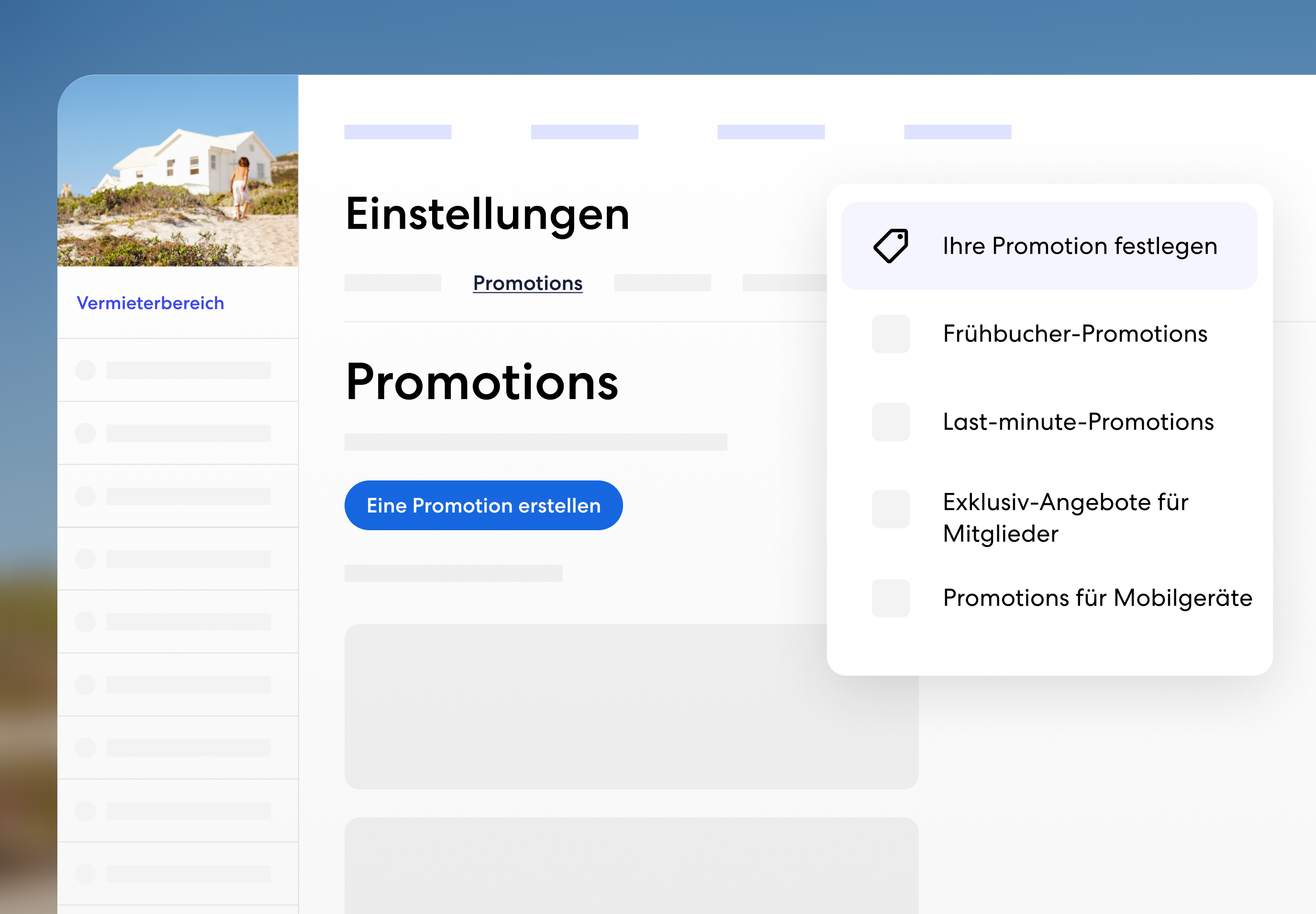 In der Ansicht des Vermieterbereichs unter „Einstellungen“ finden Sie die Registerkarte Promotions, in der Sie über ein Pop-up-Menü aus verschiedenen Promotion-Typen wie Frühbucher-Promotions, Last-minute-Promotions, Exklusiv-Angebot für Mitglieder und Promotions für Mobilgeräte auswählen können.