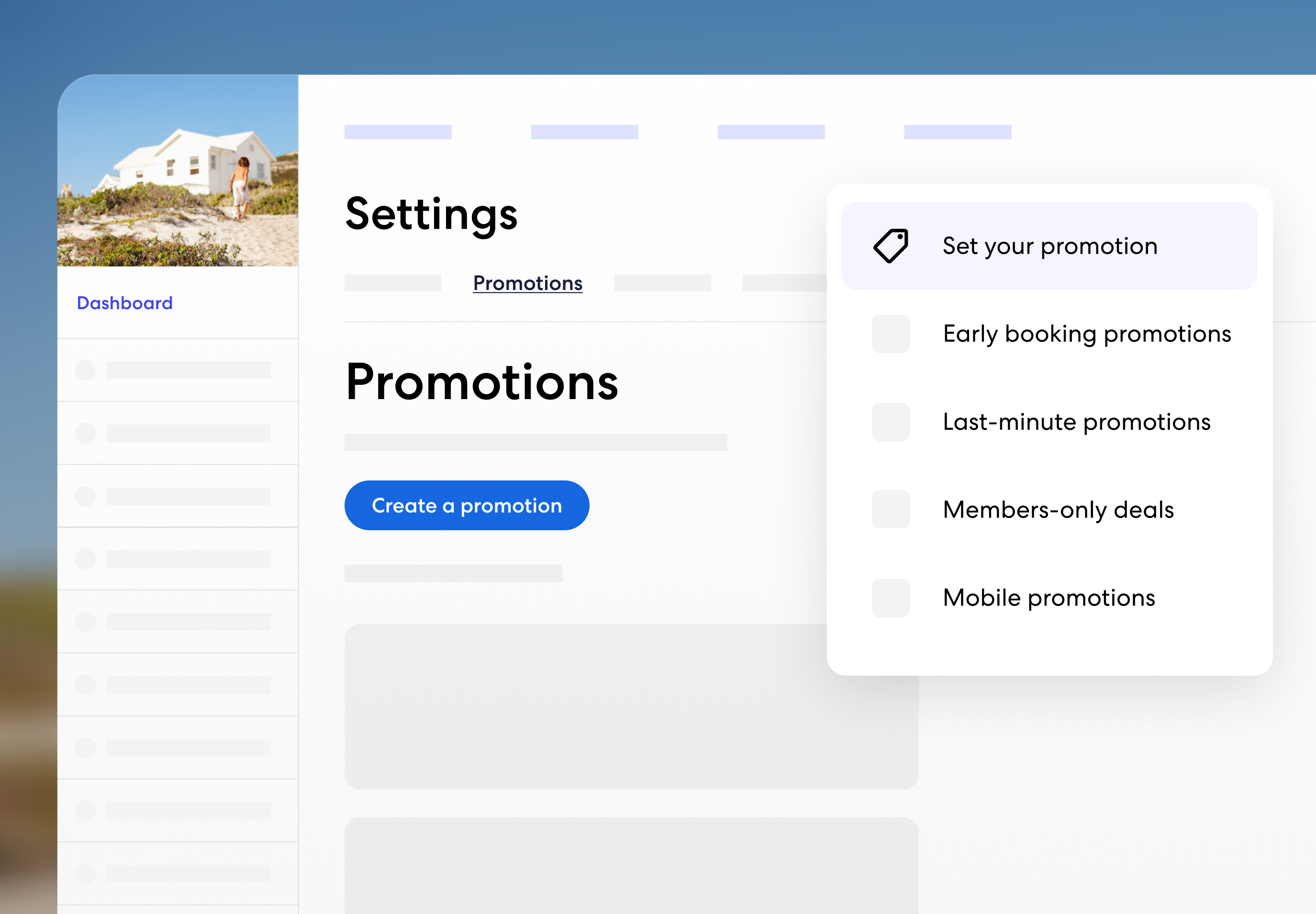 A dashboard view under "Settings" shows the Promotions tab, where a pop-up menu lets users select from different promotion types like Early booking, Last minute, Members Only Deals and Mobile promotions.