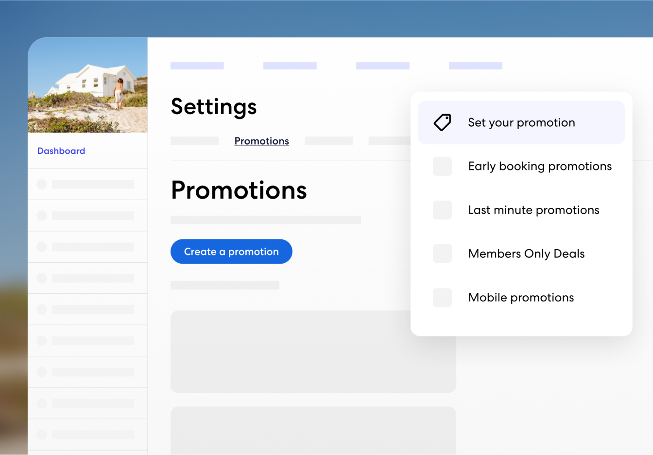 A dashboard view under “Settings” shows the Promotions tab, where a pop-up menu lets users select from different promotion types like Early booking, Last minute, Members Only Deals, and Mobile promotions.