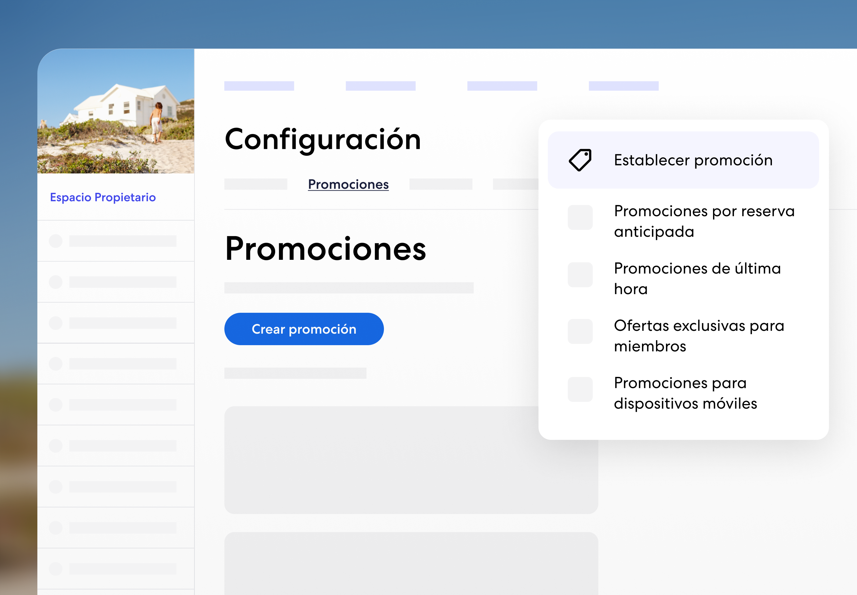 Una vista del Espacio Propietario en la sección de configuración muestra la pestaña "Promociones", donde un menú emergente permite seleccionar entre distintos tipos de ofertas, como Reserva anticipada, De última hora, Ofertas exclusivas para miembros y Promoción para dispositivos móviles.