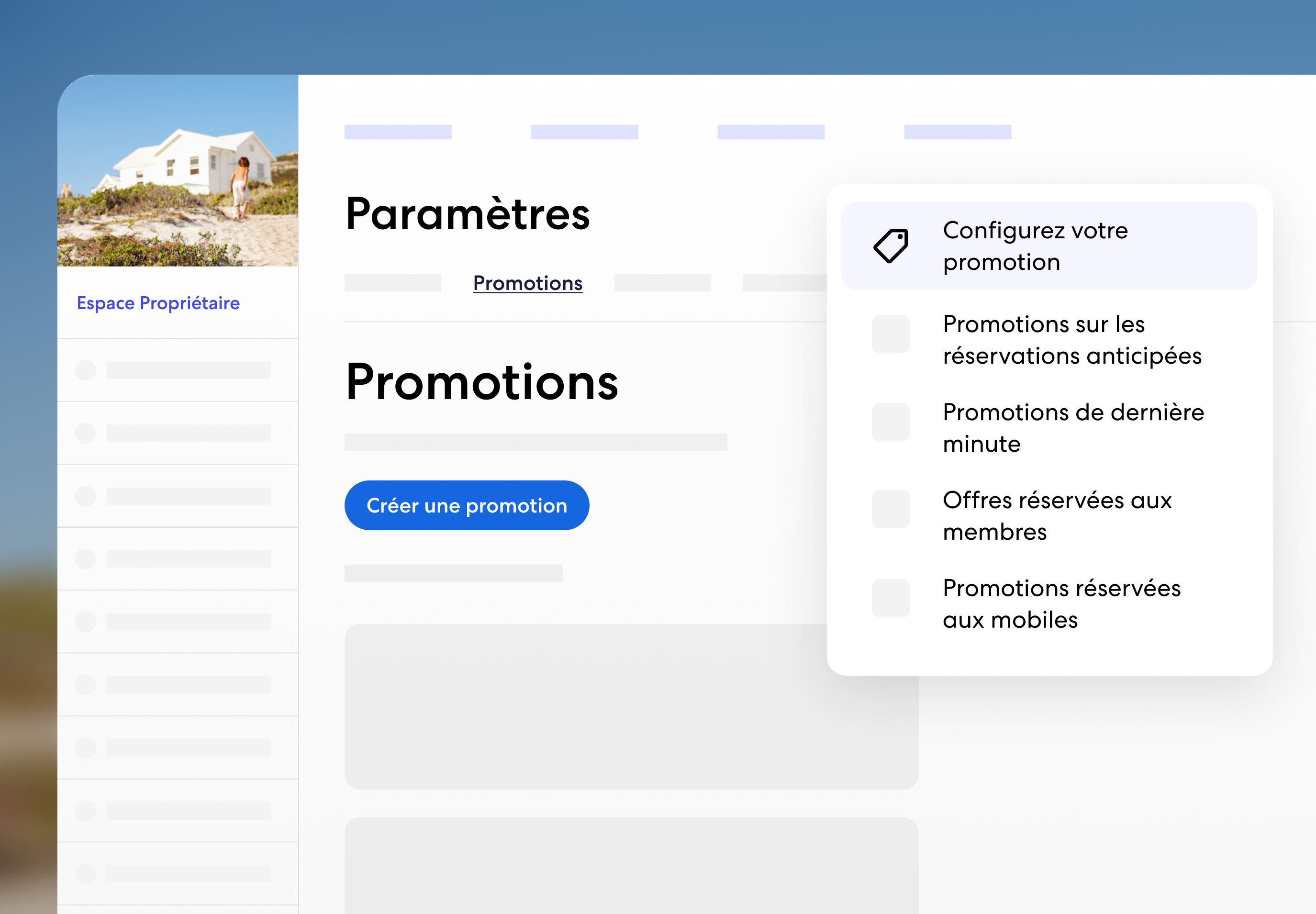 L’onglet Promotions est affiché dans le tableau de bord sous Paramètres. Un menu contextuel permet aux utilisateurs de sélectionner différents types de promotion, tels que Réservation anticipée, Dernière minute, Offres réservées aux membres et Promotions réservées aux mobiles.
