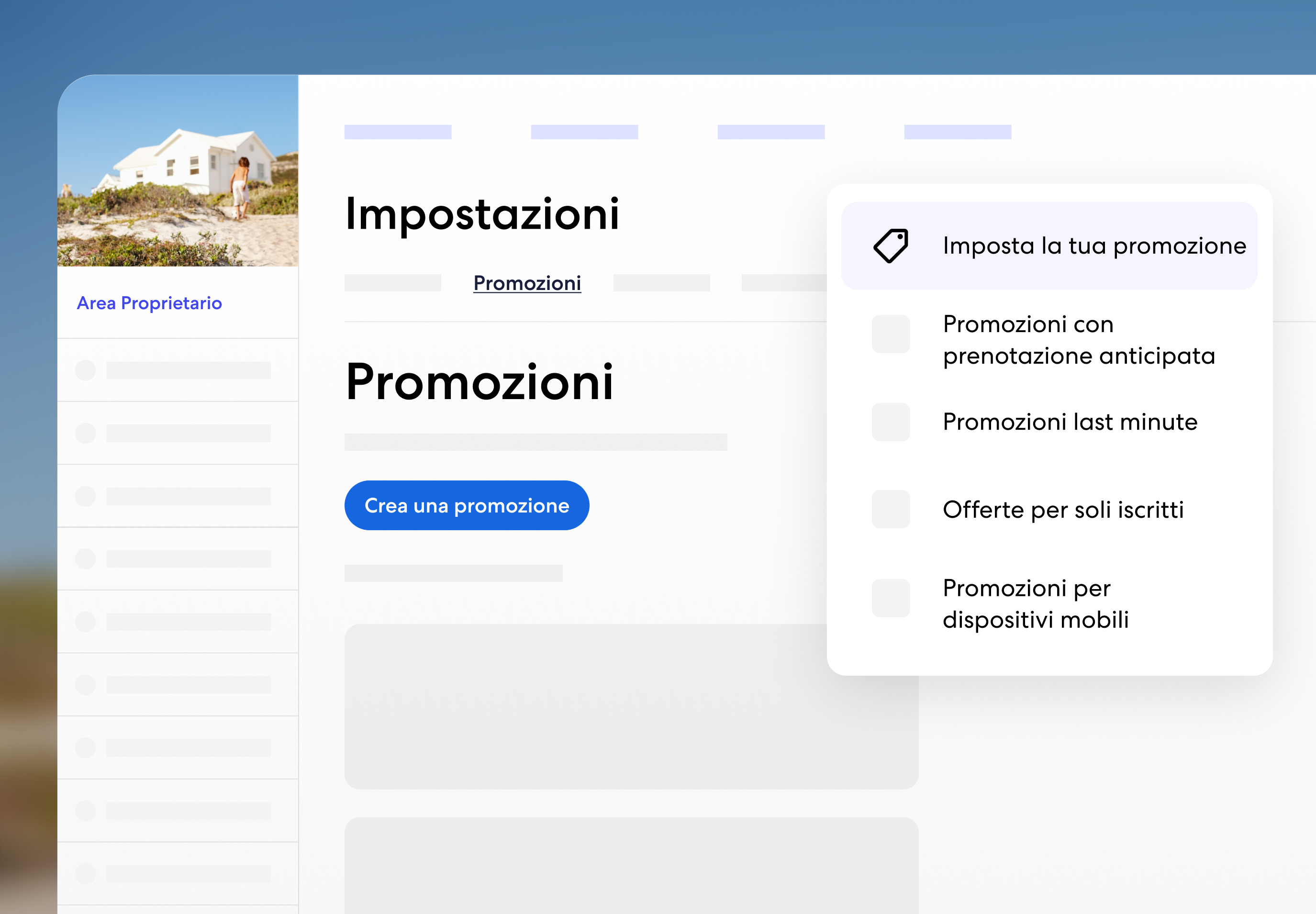 Una panoramica della dashboard sotto la voce "Impostazioni" mostra la scheda Promozioni, dove un menu a comparsa permette agli utenti di selezionare diversi tipi di promozione come Prenotazioni anticipate, Last minute, Offerte per soli iscritti e Promozioni per dispositivi mobili.
