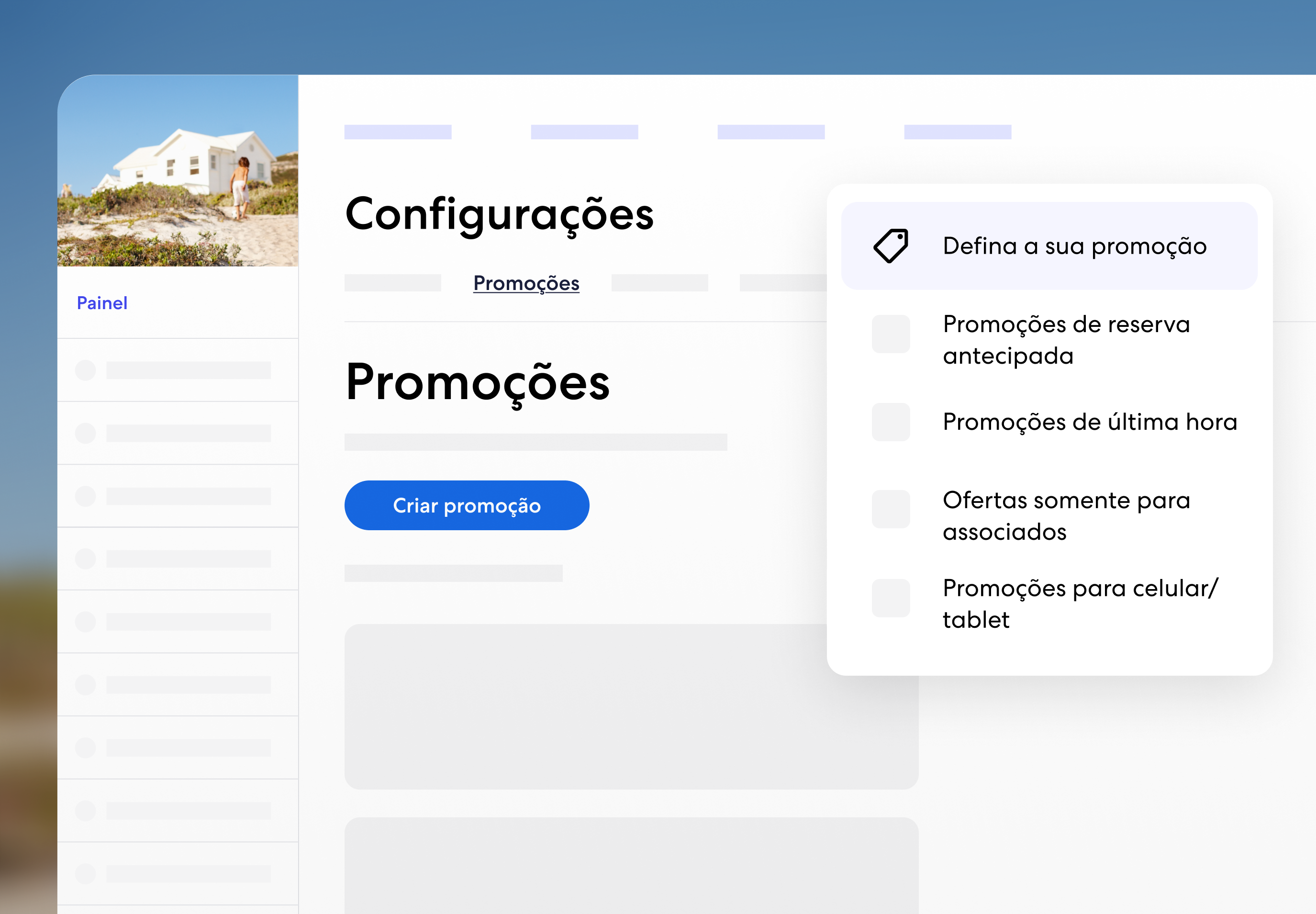 Uma visualização do painel em "Configurações" mostra a aba Promoções, onde um menu pop-up permite que os usuários selecionem entre diferentes tipos de promoção, como Reserva antecipada, Última hora, Ofertas somente para associados e Promoções para celular/tablet.