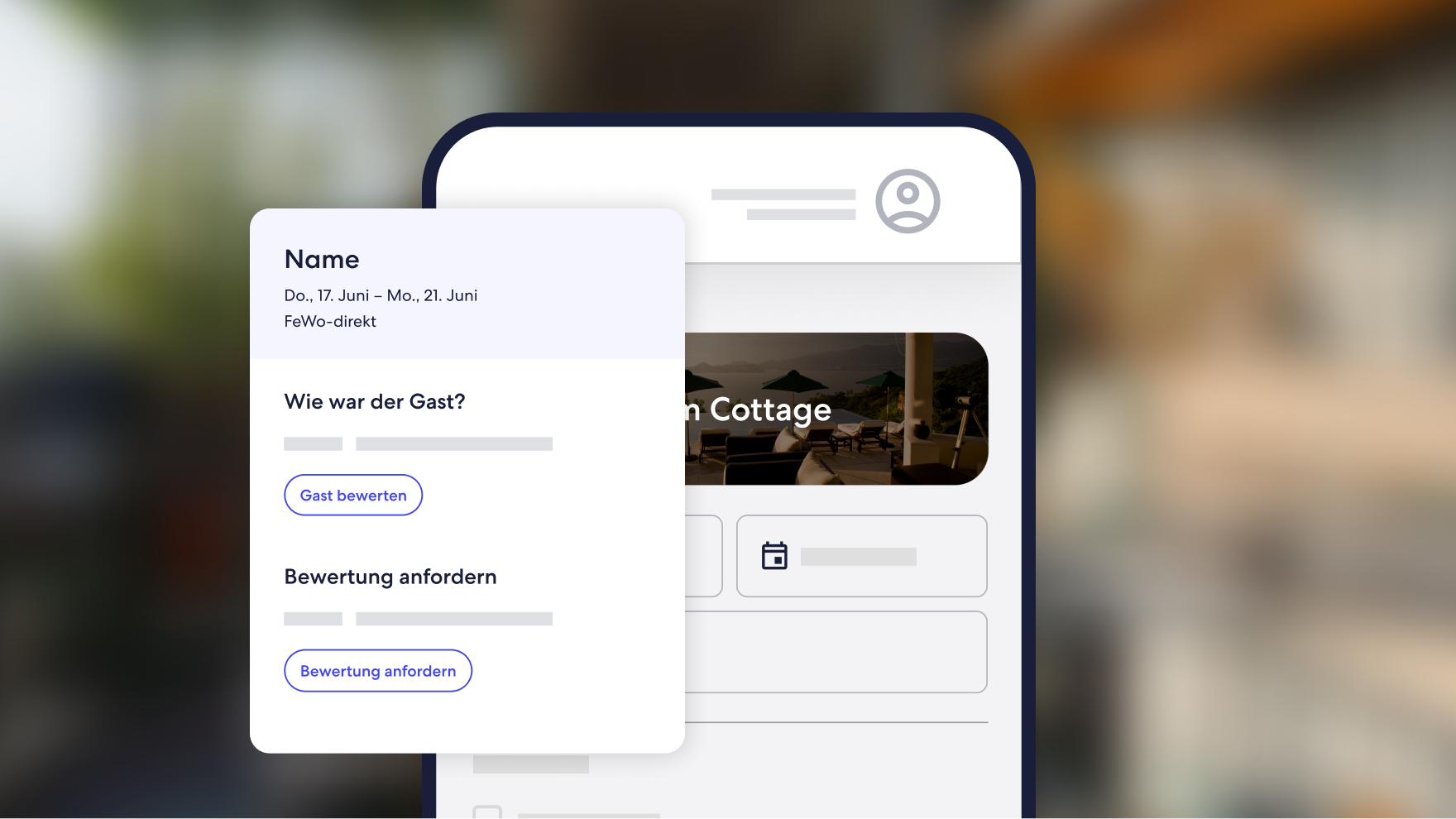 Ein FeWo-direkt-Dashboard, das zeigt, wie ein Gastgeber den Gast bewerten und eine Gästebewertung im FeWo-direkt-Dashboard anfordern kann.