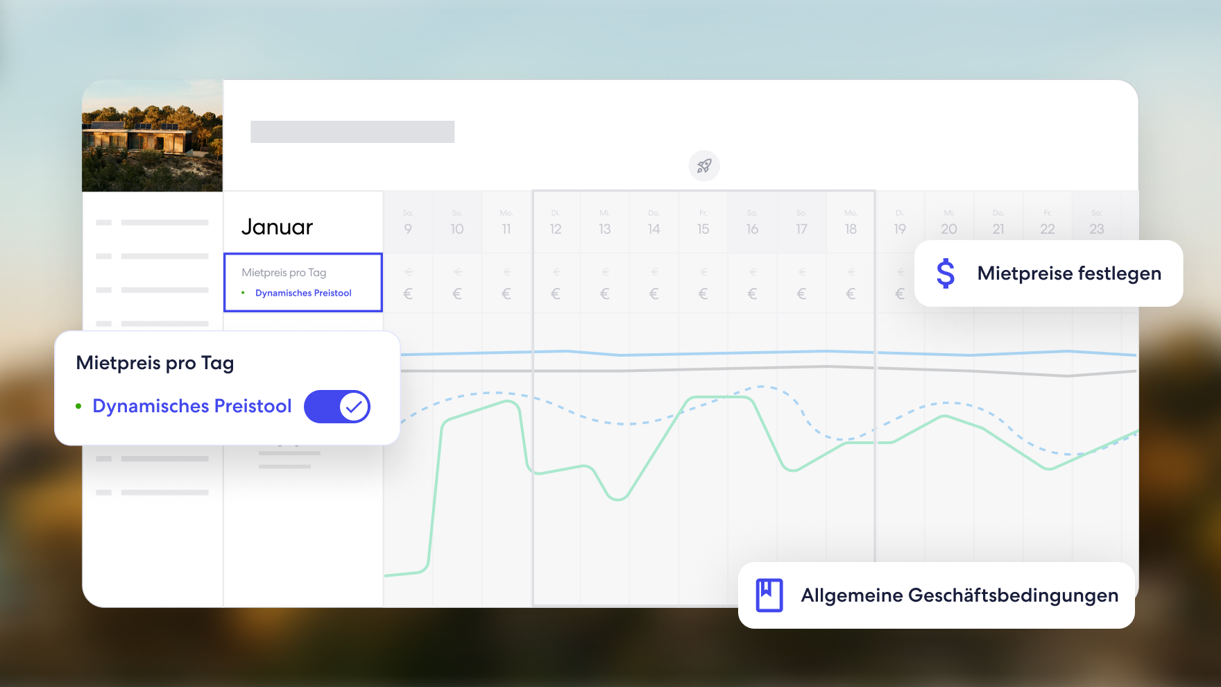 Eine digitale Schnittstelle, die eine Kalenderansicht mit einer für Januar aktivierten dynamischen Preistool-Funktion zeigt. Über- und nebeneinander angeordnete UI-Elemente heben die Optionen zum Festlegen von Raten, zum Anzeigen der Geschäftsbedingungen und zum Aktivieren des dynamischen Preistools hervor, während eine Grafik die Preistrends anzeigt.